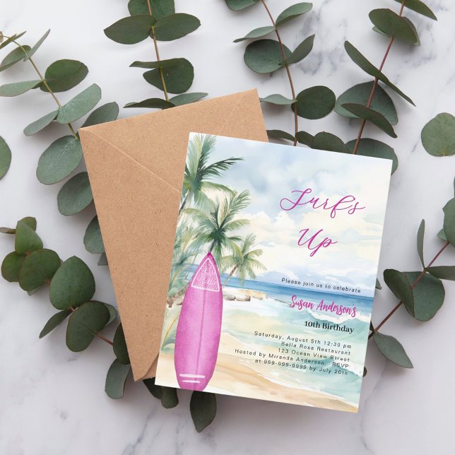 Surf's up beach surfboard Mädchen Geburtstagseinla (Von Creator hochgeladen)