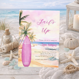 Surf's up Beach Surfboard Rosa Mädchen Geburtstags Einladung
