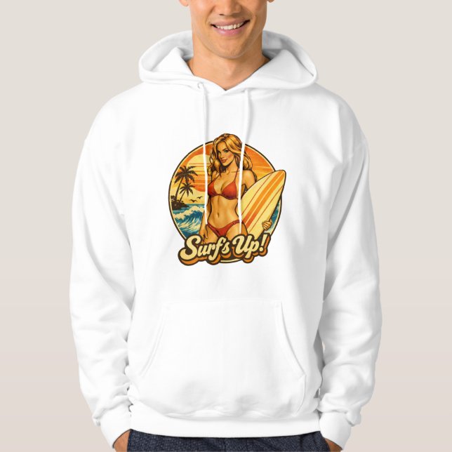 Surf's Up Bikini Pin-Up | Retro Surf Shop Graphic Hoodie (Vorderseite)