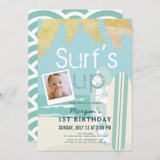 Surf's Up Boy Surfboards Beach Foto 1. Geburtstag Einladung