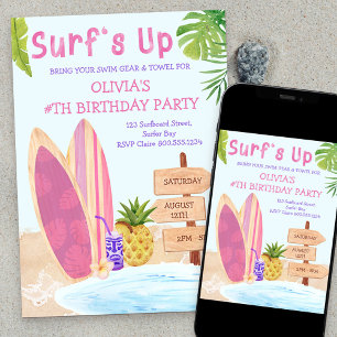 Surfs Up Geburtstagsfeier Mädchen Surfbrett Einladung