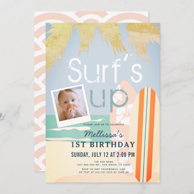 Surf's Up Girl Surfboards Beach Foto1. Geburtstag Einladung (Vorne/Hinten)