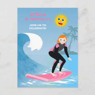 Surf's up Girly Birthday Party Einladungspostkarte