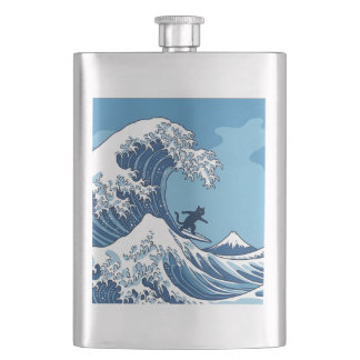 Surf's Up, Kanagawa – Die große Wellen-Katzensurfe Flachmann