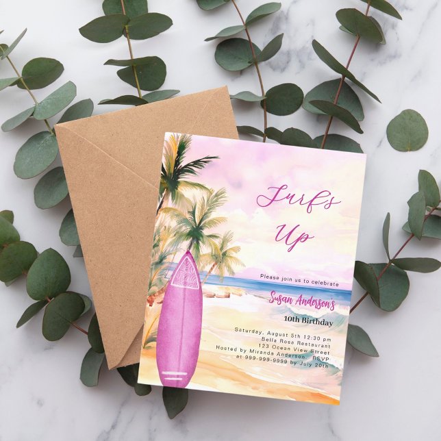 Surf's up Retro Strand Surfboard Rosa Geburtstag Einladung (Von Creator hochgeladen)