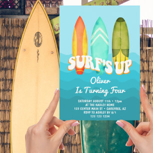 Surfs Up Surfboard Boy 4. Geburtstag Einladung