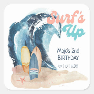 Surf's Up   Tropischer Strand-Surfen Kindergeburts Quadratischer Aufkleber