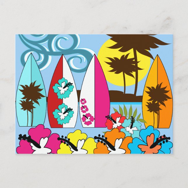 Surfshop Surfen Ocean Beach Surfbretter Palme Tree Postkarte (Vorderseite)