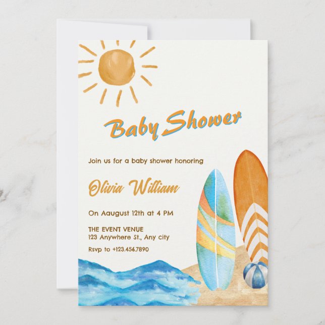 Surfstrand Party Babydusche Einladung (Vorderseite)