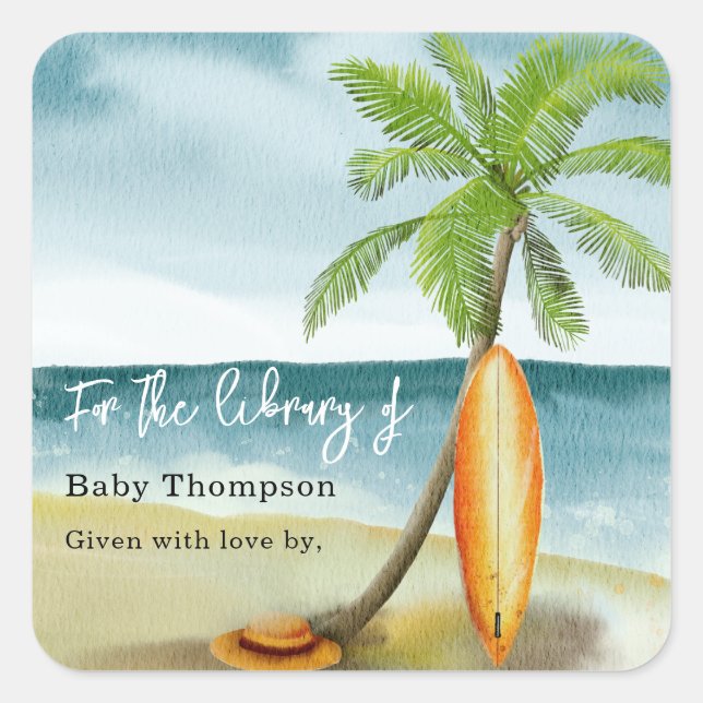 Surfstrand Wasserfarbe - für die Bibliothek Quadratischer Aufkleber (Vorderseite)