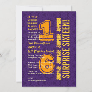 SURPRISE 16. Geburtstag Moderner LILA GOLD W526E Einladung