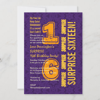 SURPRISE 16. Geburtstag Moderner LILA GOLD W526E Einladung