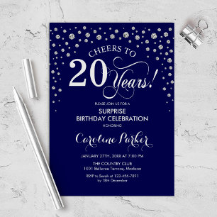 Surprise 20th Birthday Party - Navy Silver Einladung