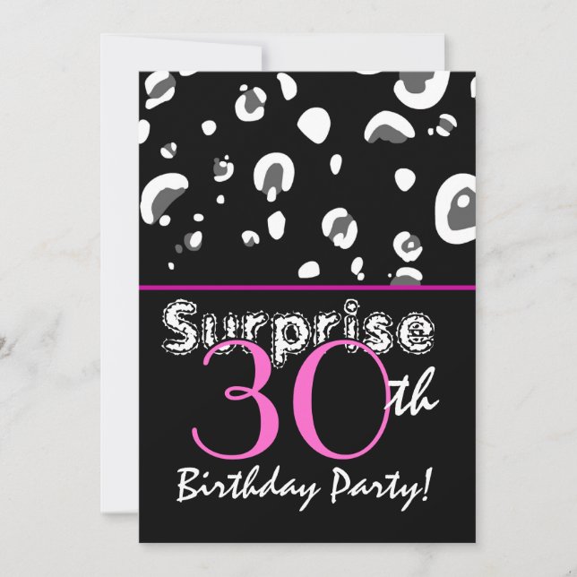SURPRISE 30. Geburtstag Black Leopard Confetti Einladung (Vorderseite)