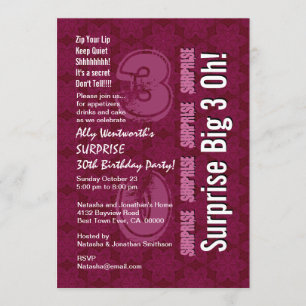 SURPRISE 30. Modern Birthday Maroon Big 3 Oh Einladung