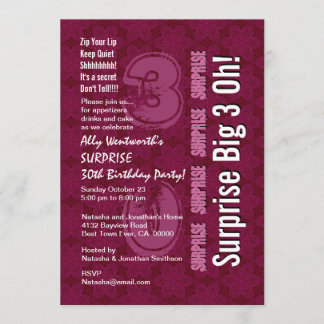 SURPRISE 30. Modern Birthday Maroon Big 3 Oh Einladung