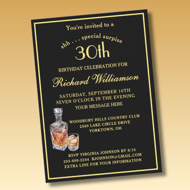 SURPRISE 30th Birthday Party Classic Black Gold  Einladung (Von Creator hochgeladen)