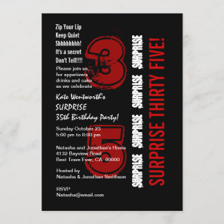 SURPRISE 35. Moderne Geburtstagsrot und weiß Einladung