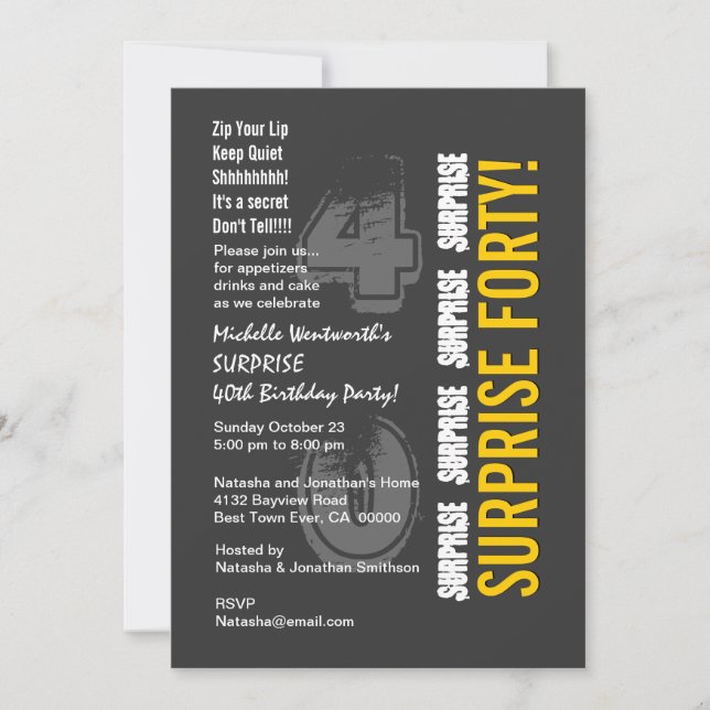 SURPRISE 40. Modern Birthday Gray und Gold Einladung (Vorderseite)
