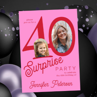 Surprise 40 modern red pink 2 photo 40th birthday einladung