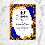 Surprise 40th Birthday - Leopard Gold Royal Blue Einladung<br><div class="desc">Surprise 40th Birthday Invitation. Feminine royal blue,  white design with faux glitter gold. Features animal leopard cheetah pattern,  sapphire blue roses,  script font and confetti. Perfect for an elegant birthday party. Can be personalized to show any age.</div>