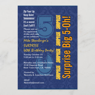 SURPRISE 50. Modern Birthday Blue and Gold R432 Einladung