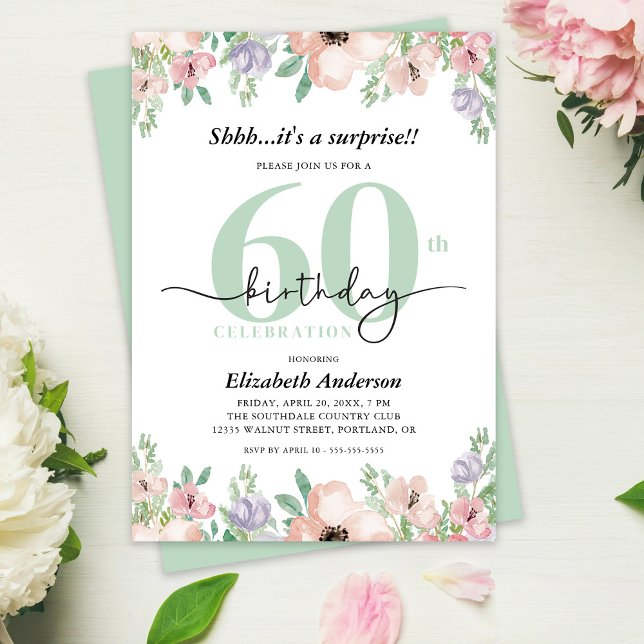 Surprise 60th Birthday Party Elegant Pastel Floral Einladung (Von Creator hochgeladen)