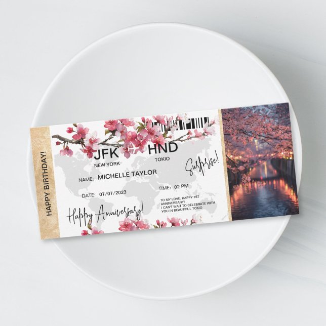 Surprise Birthday Boarding Pass Tokio Trip Ticket Einladung (Anniversary surprise trip boarding pass ticket, destination Tokio, cherry blossom)