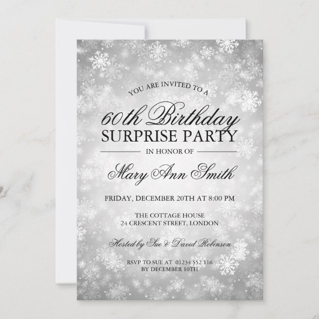 Surprise Birthday Party Silver Winter Wonderland Einladung (Vorderseite)