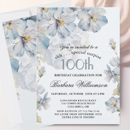 SURPRISE Elegant Blue Floral 100th Birthday  Einladung