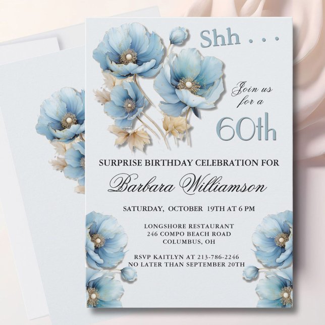 SURPRISE Elegant Blue Floral 60th Birthday Einladung (Von Creator hochgeladen)