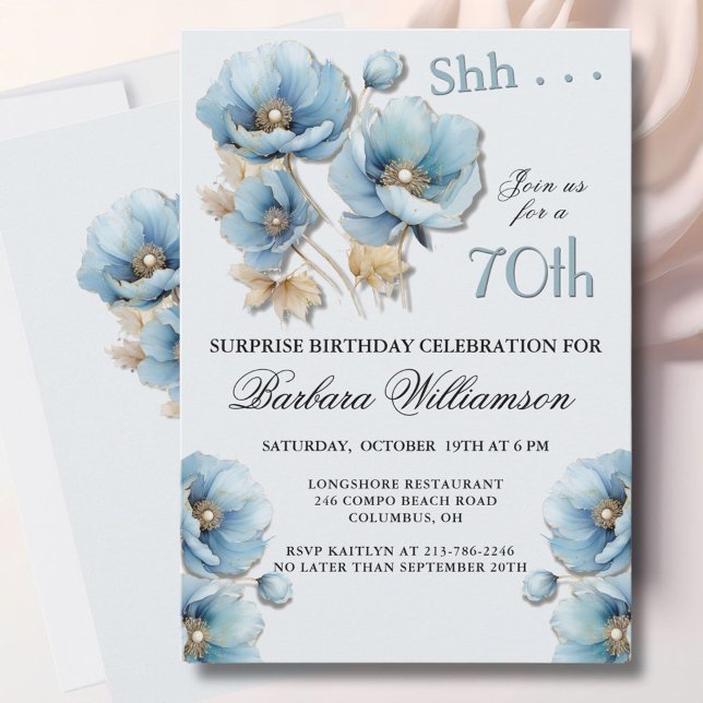 SURPRISE Elegant Blue Floral 70th Birthday Einladung (Von Creator hochgeladen)
