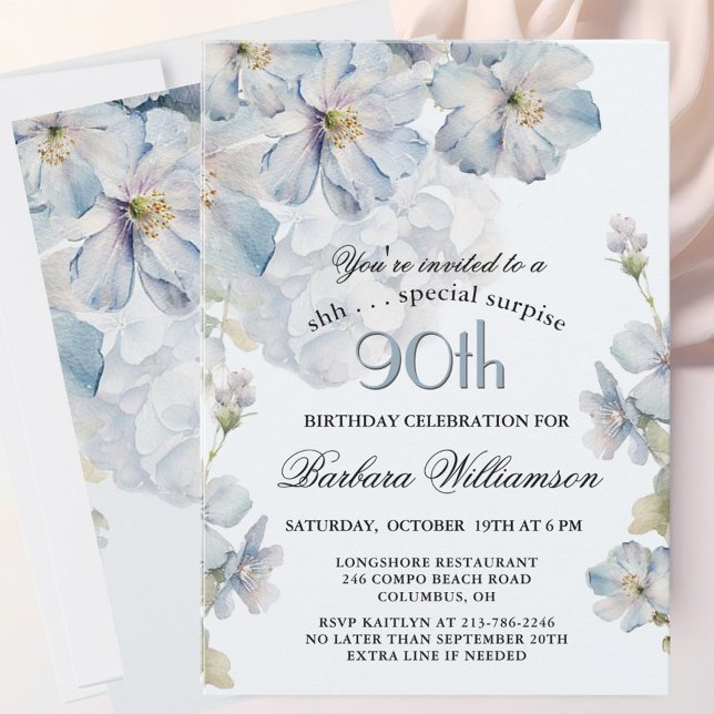 SURPRISE Elegant Blue Floral 90th Birthday  Einladung (Von Creator hochgeladen)