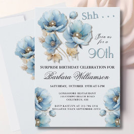 SURPRISE Elegant Blue Floral 90th Birthday Einladung