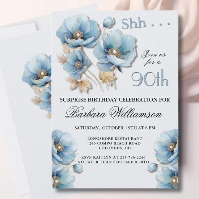 SURPRISE Elegant Blue Floral 90th Birthday Einladung (Von Creator hochgeladen)