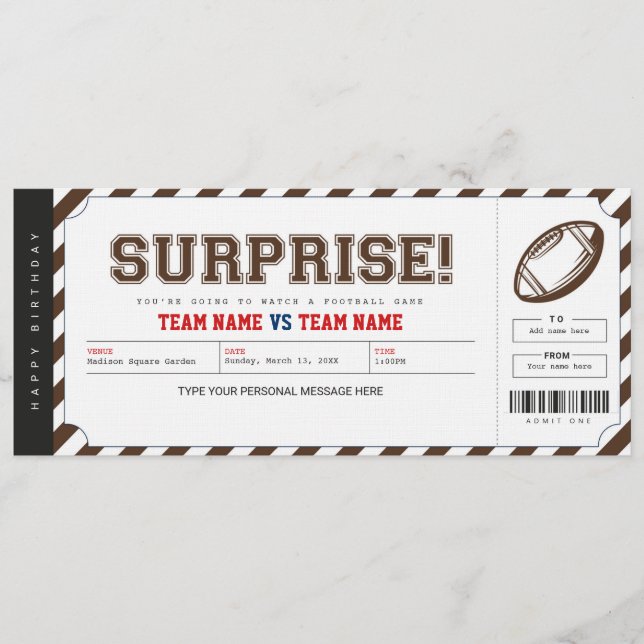 Surprise Football Game Stadium Gift Ticket Einladung (Vorderseite)