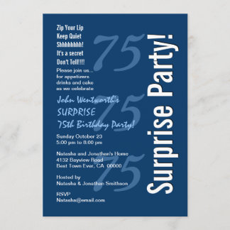 SURPRISE Moderne 75. Geburtstag Navy Blau und Weiß Einladung