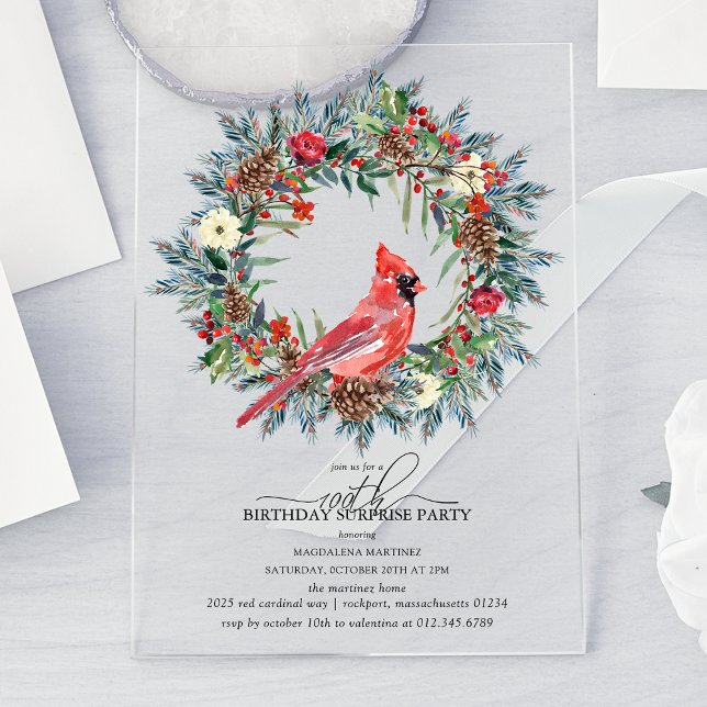 SURPRISE PARTY 100th Birthday Cardinal Wreath Acryleinladungen (Von Creator hochgeladen)