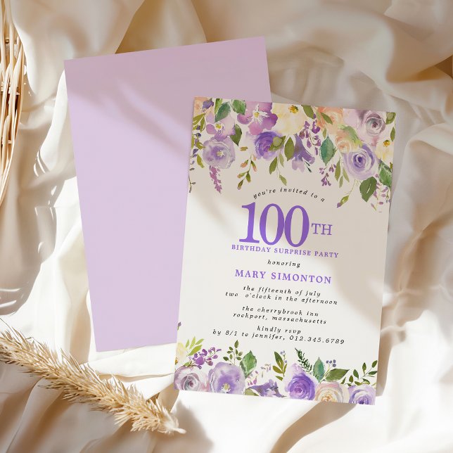 SURPRISE PARTY 100th Birthday Pretty Purple Floral Einladung (Von Creator hochgeladen)