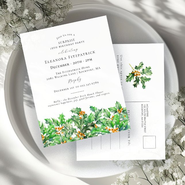 SURPRISE PARTY 19th Birthday December Birth Flower Einladungspostkarte (Von Creator hochgeladen)