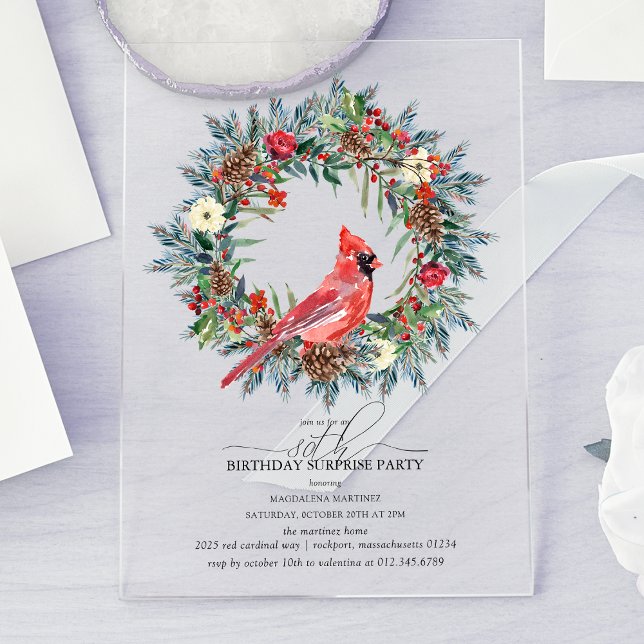 SURPRISE PARTY 80th Birthday Cardinal Wreath Acryleinladungen (Von Creator hochgeladen)