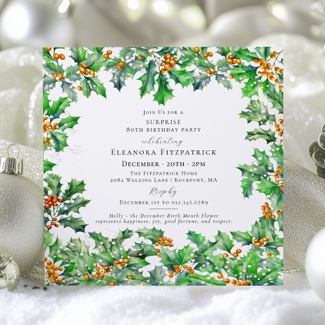 SURPRISE PARTY 80th Birthday December Birth Flower Einladung (Von Creator hochgeladen)