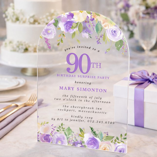 SURPRISE PARTY 90th Birthday Purple Floral Clear Acryleinladungen (Von Creator hochgeladen)