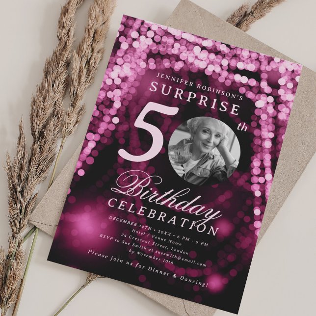 SURPRISE Photo 50th Birthday Hot Pink Glam Lights Einladung (SURPRISE Photo 50th Birthday Hot Pink Glam Lights Invitation)