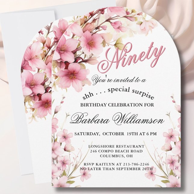 SURPRISE Pink Floral Arch Elegant 90th Birthday  Einladung (Von Creator hochgeladen)