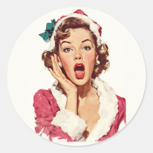 Surprised Retro Christmas Pin-Up Runder Aufkleber (Vorderseite)