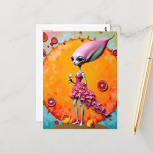 Surreal Alien Lady in Rosa mit Orangensaft Postkarte