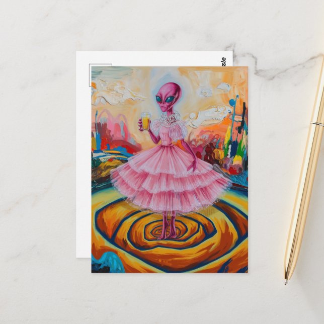 Surreal Alien Lady in Rosa mit Orangensaft Postkarte (Vorderseite/Rückseite Beispiel)