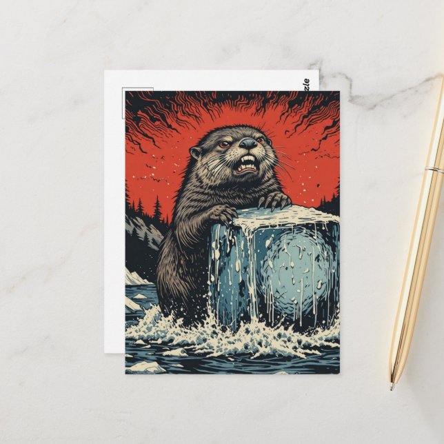Surreal Angry otter breaking ice Postkarte (Vorderseite/Rückseite Beispiel)