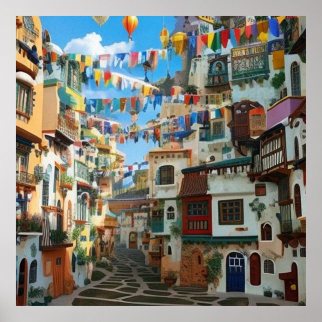 Surreal Art Abstrakt eine kleine Touristenstadt Poster (Vorne)